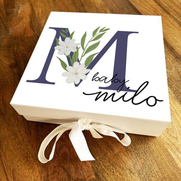 Square White Floral & Navy Initial M New Baby Personalised Keepsake Gift Box