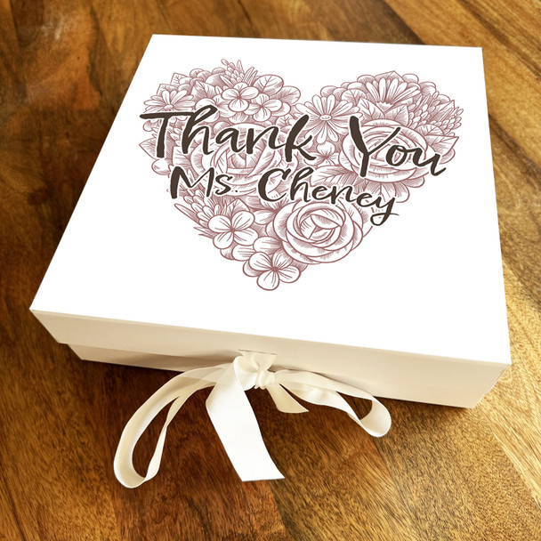 Square Brown Sketch Flowers Heart Thank You Teacher Personalised Hamper Gift Box