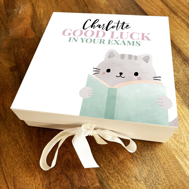 Square Cat Good Luck In Exams School University College Personalised Gift Box