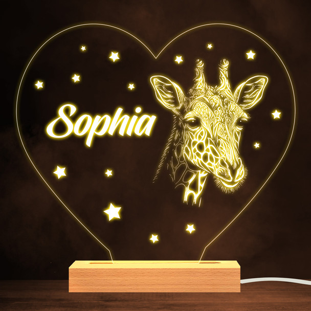 Cute Giraffe Line Drawing & Stars Heart Personalised Gift Warm White Night Light