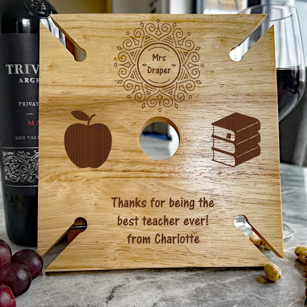 Round Border Apple Books Thanks Teacher Personalised 4 Wine Glass Bottle Holder