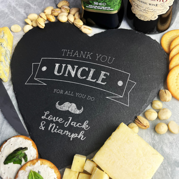 Happy Fathers Day Uncle Moustache Personalised Heart Slate Cheese Board