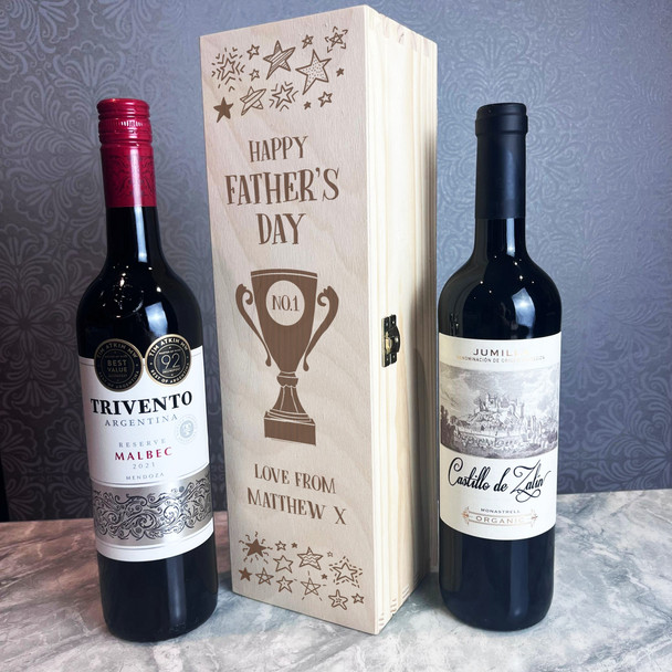 Happy Father's Day No.1 Dad Trophy Stars Personalised 1 Wine Bottle Gift Box