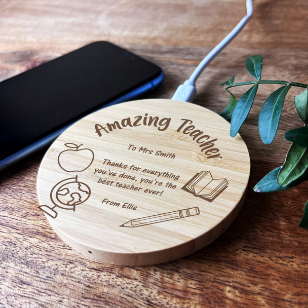 Apple Book Pencil Thanks Amazing Teacher Personalised Round Phone Charger Pad