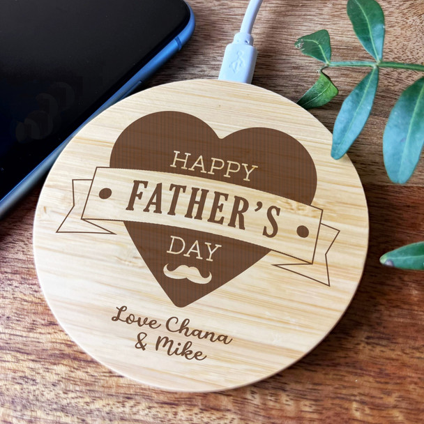 Happy Father's Day Heart Banner Dad Personalised Round Phone Charger Pad