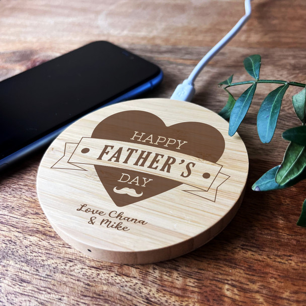 Happy Father's Day Heart Banner Dad Personalised Round Phone Charger Pad