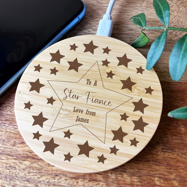 Stars Border To A Star Fiance Personalised Round Wireless Phone Charger Pad