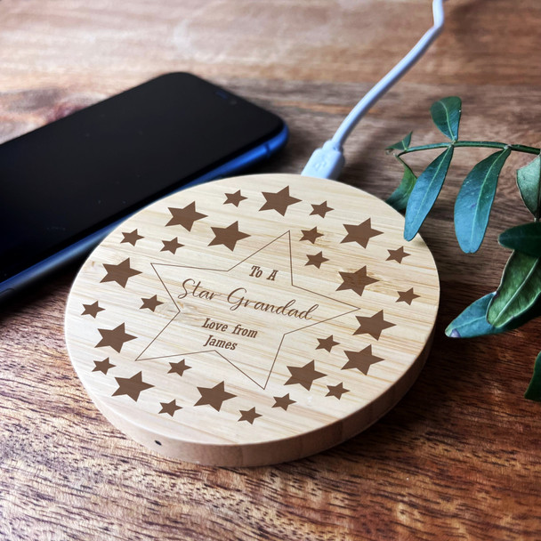 Stars Border To A Star Grandad Personalised Round Wireless Phone Charger Pad