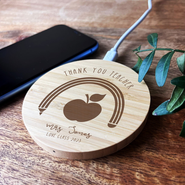 Thank You Teacher Apple & Rainbow Personalised Round Wireless Phone Charger Pad