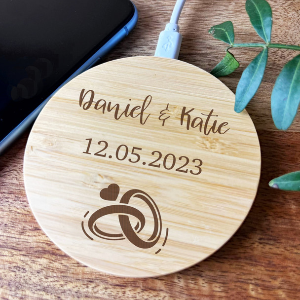 Wedding Day Rings Couple Names Anniversary Personalised Round Phone Charger Pad