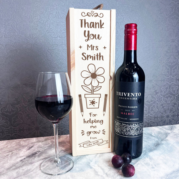 Thank You Teacher Helping Me Grow Flower Plant 1 Bottle Personalised Wine Box