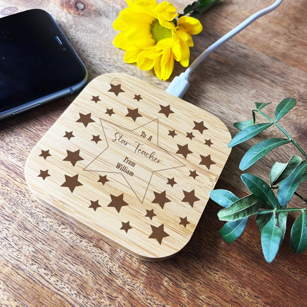 Stars Border To A Star Teacher Personalised Square Wireless Phone Charger Pad