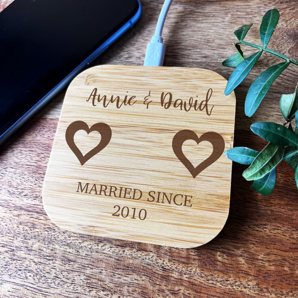 Two Hearts Couple Names Wedding Anniversary Personalised Phone Charger Pad