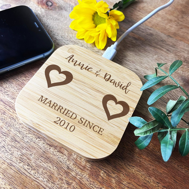 Two Hearts Couple Names Wedding Anniversary Personalised Phone Charger Pad