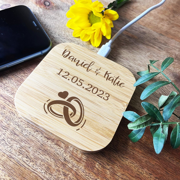 Wedding Day Rings Couple Names Anniversary Personalised Square Phone Charger Pad