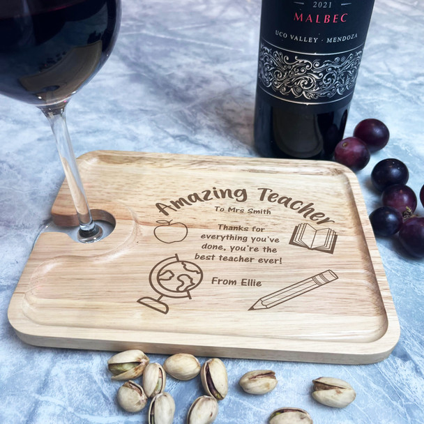 Globe Book Pencil Thanks Amazing Teacher Personalised Wine Glass Nibbles Tray