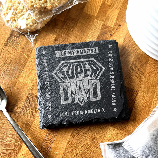 Super Dad Happy Father's Day Hero Superman Personalised Square Slate Coaster