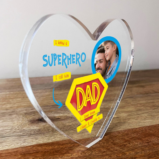 Superhero Dad Father's Day Birthday Photo Clear Heart Personalised Ornament Gift