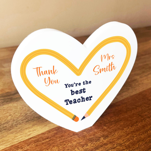 Thank You Pencil Heart School The Best Teacher White Heart Personalised Gift