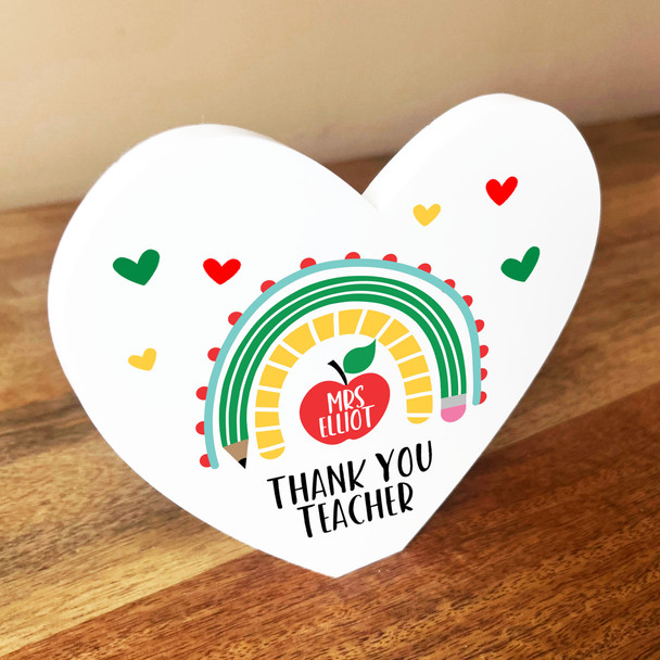 Thank You Teacher Apple School Rainbow White Heart Personalised Ornament Gift