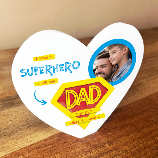 Superhero Dad Father's Day Photo Birthday White Heart Personalised Ornament Gift