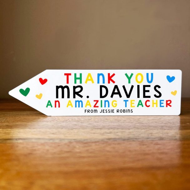 Thank You An Amazing Teacher Rainbow Hearts Pencil Shaped Personalised Gift