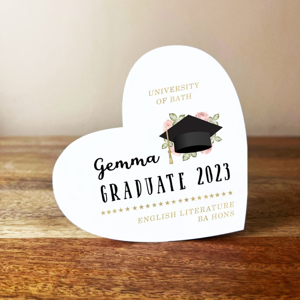 Pink Floral Graduation Hate University Graduate White Heart Personalised Gift