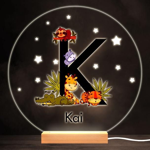 Sleeping Baby Safari Animals Letter K Round Personalised Gift Lamp Night Light