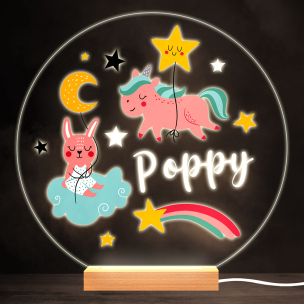 Sleeping Rabbit And Unicorn Colourful Round Personalised Gift Lamp Night Light