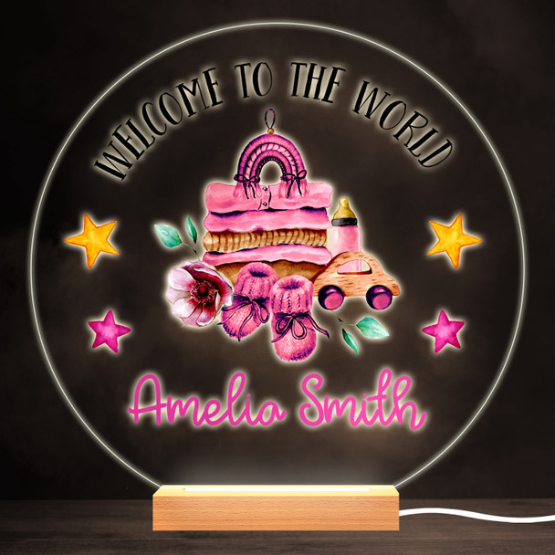 Welcome To World New Baby Girl Round Personalised Gift Lamp Night Light