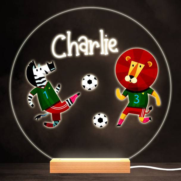 Zebra And Lion Playing Football Bright Round Personalised Gift Lamp Night Light