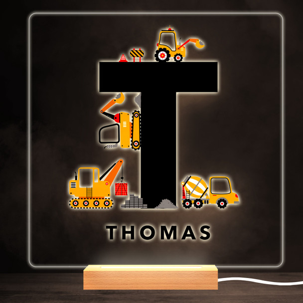 Construction Vehicles Alphabet Letter T Square Personalised Gift Night Light