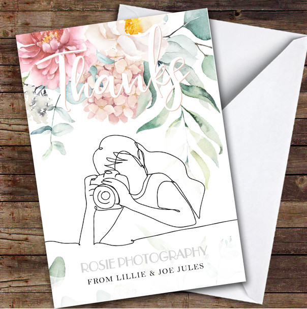 Thanks Wedding Photographer Pretty Floral Line Art Thank You Personalised Card