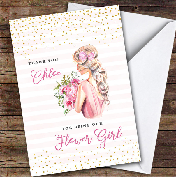 Girl Holding Flowers Gold Polka Dot Thank You Flower Girl Personalised Card