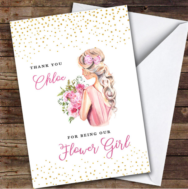 Girl Holding Flowers Gold Polka Thank You Flower Girl Personalised Card