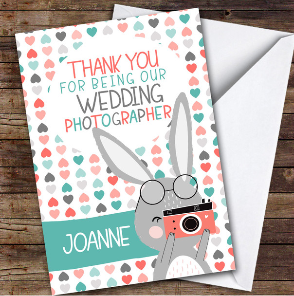 Thank You Wedding Photographer Pink Blue Hearts Bunny Personalised Card