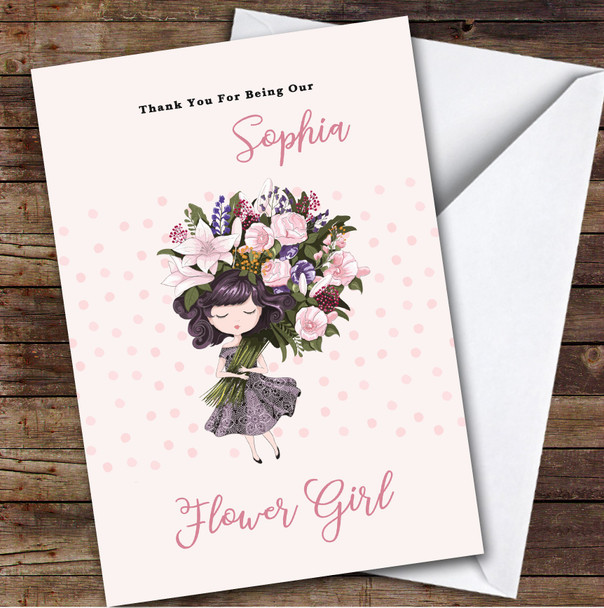 Cute Girl Holding Flowers Pink Thank You Flower Girl Personalised Greetings Card
