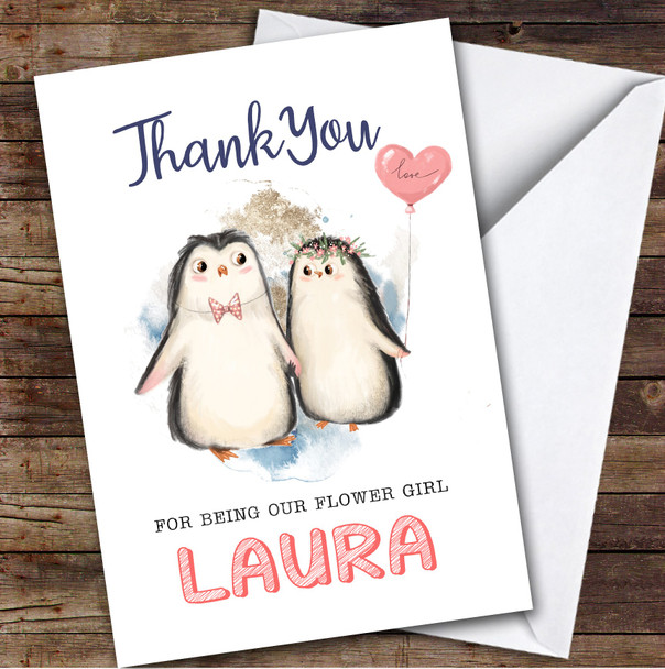 Thank You For Being Our Flower Girl Married Penguins Personalised Greetings Card
