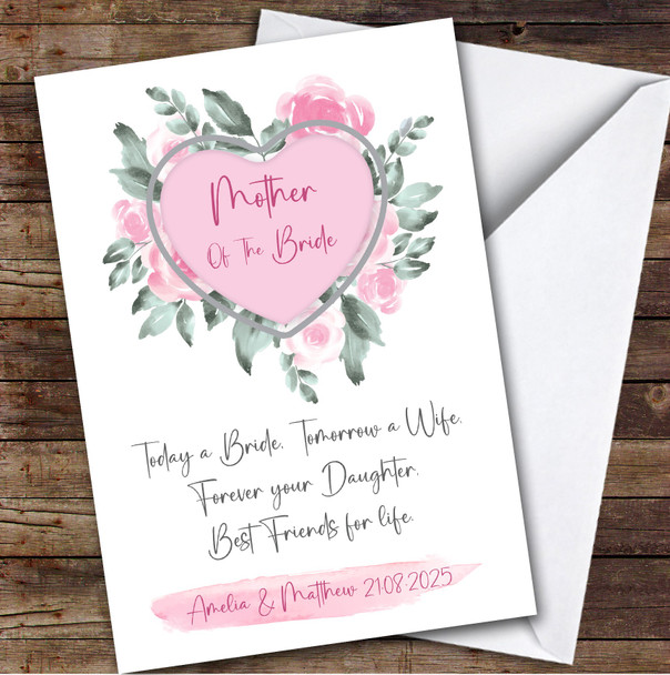 Mother Of The Bride Pink Rose Flower Text Thank You Personalised Greetings Card