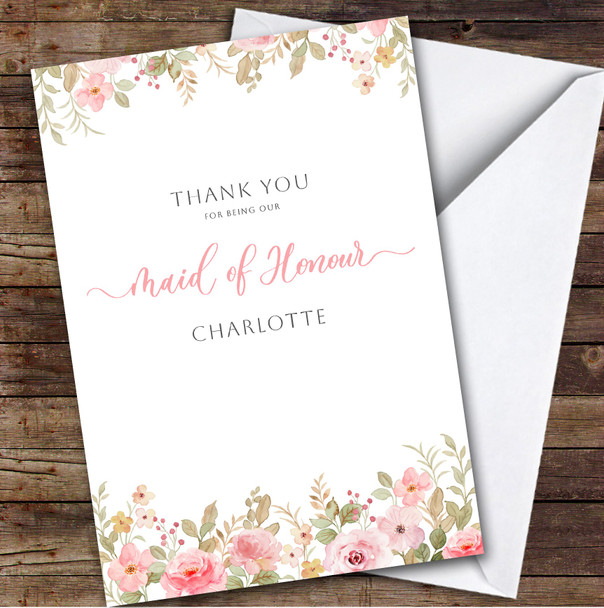 Watercolour Peach Floral Thank You Maid Of Honour Personalised Greetings Card