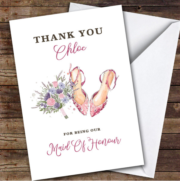 Watercolour Heels Shoes Thank You Maid Of Honour Personalised Greetings Card