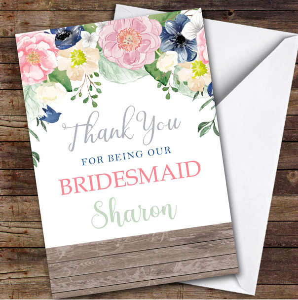Thank You Bridesmaid Beautiful Floral Personalised Greetings Card