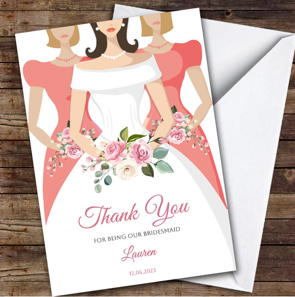 Thank You Bridesmaid Pink Flowers Personalised Greetings Card