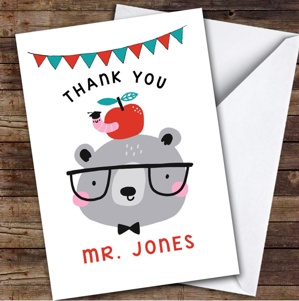 Thank You Teacher Clever Bear Bunting Personalised Greetings Card