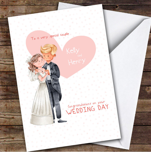Watercolour Wedding Day Congratulations Couple Heart Personalised Greetings Card