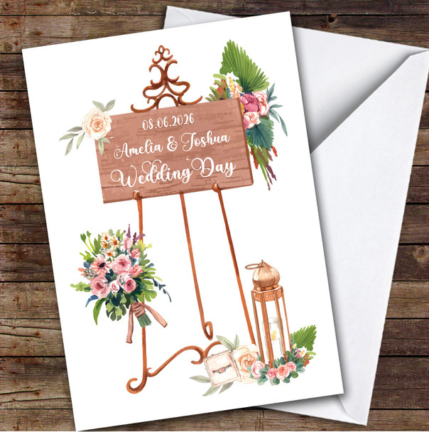 Wedding Day Date Sign Modern Married Pink Floral Personalised Greetings Card