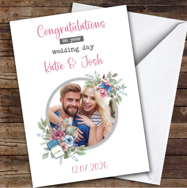 Wedding Day Photo Blue Flowers Congratulations Personalised Greetings Card