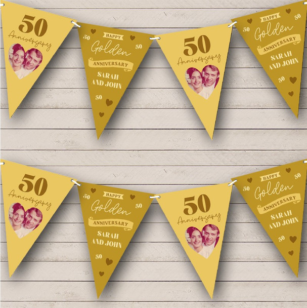 50th Wedding Anniversary Gold Photo Hearts Couple Personalised Banner Bunting