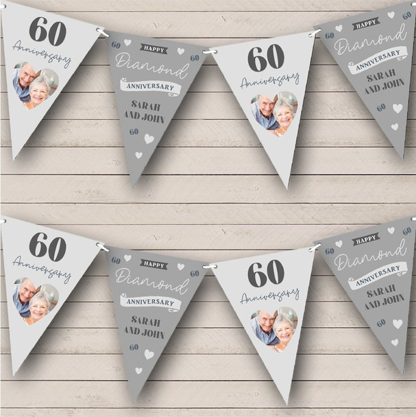 60th Wedding Anniversary Diamond Photo Hearts Personalised Party Banner Bunting