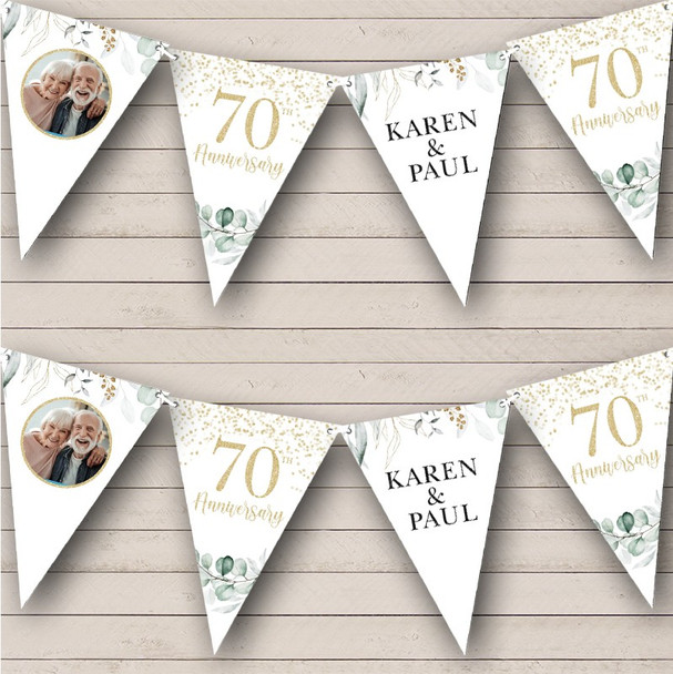 Gold Glitter Foliage Wedding Anniversary Photo Personalised Party Banner Bunting